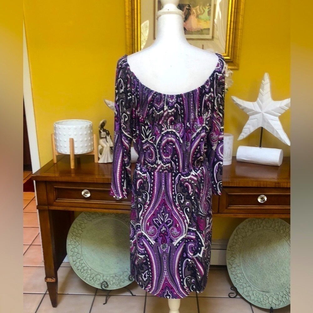 INC International Concepts Purple & White Paisley Empire Waist Dress Size Large - Picture 7 of 14